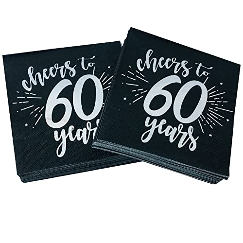 50 Stück Silberne 60. Geburtstag Feier Party Dekorative Serviette Schwarz 60. Geburtstag Dekorative Männer und Frauen Partyzubehör Cocktailservietten in einem schwarz, Cheers to 60 Years von CHANGCAO