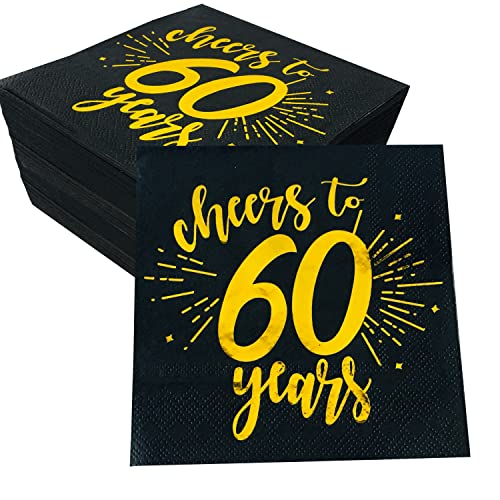 80 Stück goldene 60. Geburtstag Abendessen Feier Party Dekorative Serviette Schwarz 60. Geburtstag Dekorative Herren und Damen Partyzubehör Cocktail-Servietten in einem schwarzen, Cheers to 60 Years von CHANGCAO