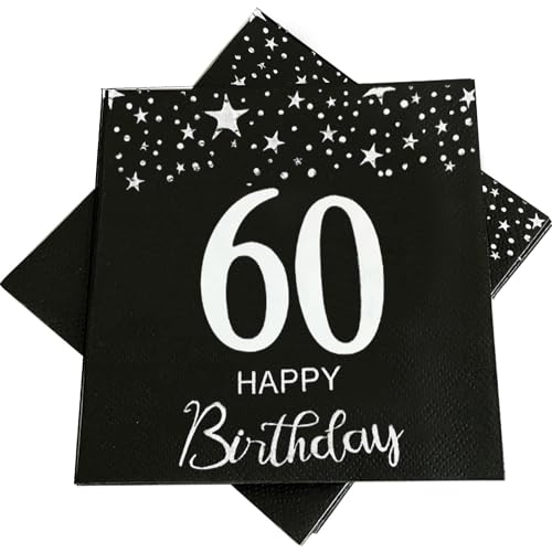 CHANGCAO 50 Stück Schwarz und Silber 60. Geburtstag Feier Party Dekorative Serviette 60. Geburtstag Dekorative Servietten für Männer und Frauen Party Supplies Cocktail-Servietten in Schwarz von CHANGCAO