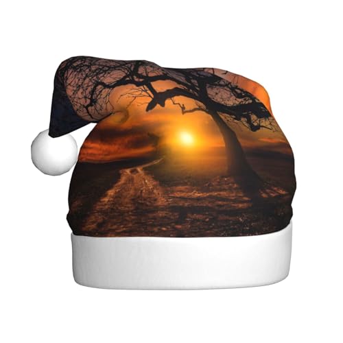 CHANGLEI Weihnachtsmütze mit Baum bei goldenem Sonnenuntergang, bedruckt, bequem, klassisch, Plüsch, Weihnachtsmannmütze für Weihnachten, festliche Party von CHANGLEI