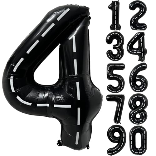 101,6 cm große Rennwagen Geburtstagsballons Rennstrecke Schwarz Zahl 4 Ballon groß Mylar Schwarz 4 Ballon Jungen 4. Geburtstag Rennauto Motto Party Dekor Supplies von CHANGZHONG