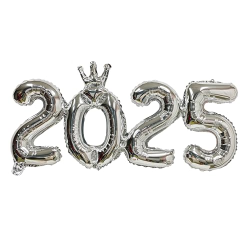 2025 Krone Siamesische Zahlen Ballon Neujahr Luftballons Abschlussdekorationen Silvester Party Supplies Zahl Folienballons Klasse 2025 Banner Hintergrund Dekoration Weihnachten Geburtstag Silber von CHANGZHONG