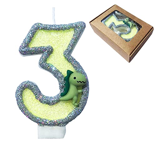 Dinosaurier Zahl 3 Geburtstagskerze Dino Kerzen Glitzer 3D Design Kuchen Topper Dekoration Happy Birthday Kuchen Kerzen für Grün Tier Thema Dinosaurier Thema Party Kerzen (Nummer 3) von CHANGZHONG