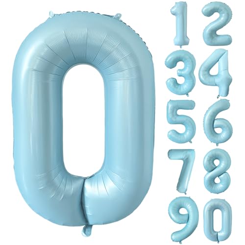 Folienballon Zahl 0 Matt Blau 40 Zoll Mylar Helium Ballon für Geburtstag Party Dekorationen Hellblau 0 Luftballons Mädchen Jungen Babyparty Hochzeitstag Supplies (Nummer 0) von CHANGZHONG