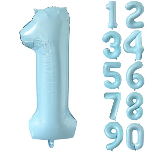 Folienballon Zahl 1 Matt Blau 101.6 cm Mylar Helium Ballon für Geburtstag Party Dekorationen Hellblau 1 Luftballons Mädchen Jungen Babyparty Hochzeitstag Supplies (Nummer 1) von CHANGZHONG