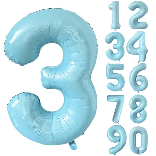 Folienballon Zahl 3 Matt Blau 101.6 cm Mylar Helium Ballon für Geburtstag Party Dekorationen Hellblau 3 Luftballons Mädchen Jungen Babyparty Hochzeitstag Supplies (Nummer 3) von CHANGZHONG