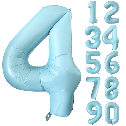 Folienballon Zahl 4 Matt Blau 40 Zoll Mylar Helium Ballon für Geburtstag Party Dekorationen Hellblau 4 Luftballons Mädchen Jungen Babyparty Hochzeitstag Supplies (Nummer 4) von CHANGZHONG