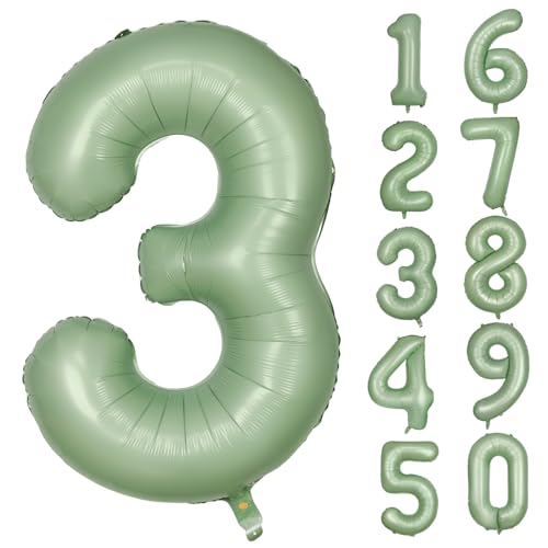 Olivgrün Folienballon Zahl 3 40 Zoll Mylar Helium Ballon für Geburtstag Party Dekorationen Salbeigrün 3 Luftballons Mädchen Jungen Babyparty Hochzeitstag Supplies (Nummer 3) von CHANGZHONG