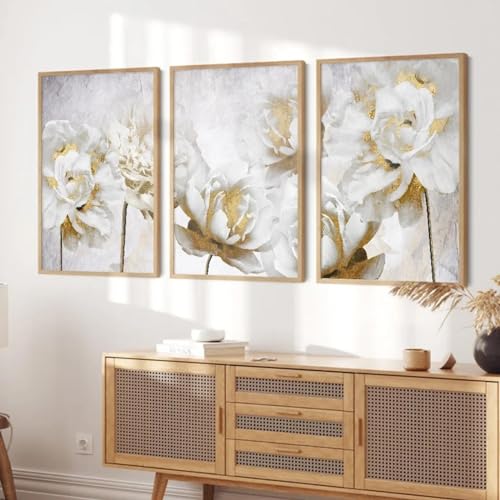 CHAOJIART Abstrakte Wandkunst, Goldweiß, blühende Blumen, Poster, Leinwandgemälde, Drucke, Bilder, moderne Wohnzimmer-Inneneinrichtung, Heimdekoration, 50 x 70 cm (20 x 28 Zoll) x3, rahmenlos von CHAOJIART