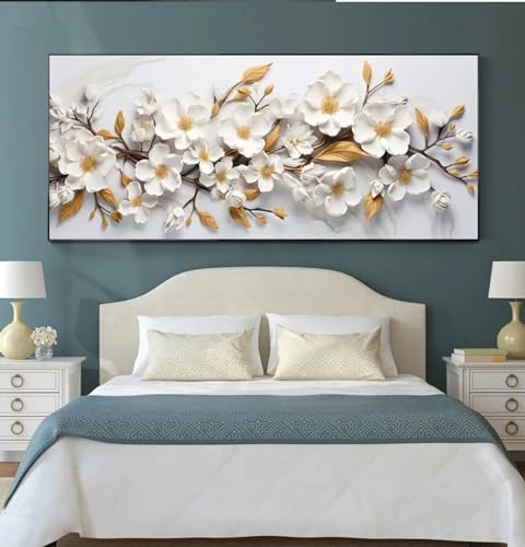 CHAOJIART Goldene und weiße Blume auf weißem Hintergrund, 3D-Blumenposter, Leinwanddruck, Gemälde, Wohnzimmer, Wandkunst, Bild, Raumdekoration, 60 x 120 cm, rahmenlos von CHAOJIART