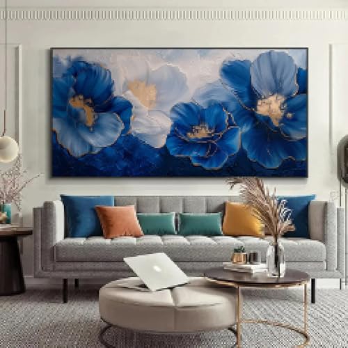 CHAOJIART Großes, modernes, abstraktes, blau-goldenes Blumen-Wandbild, Druck auf Leinwand, für Wohnzimmer, Schlafzimmer, Heimdekoration, 60 x 120 cm, rahmenlos von CHAOJIART