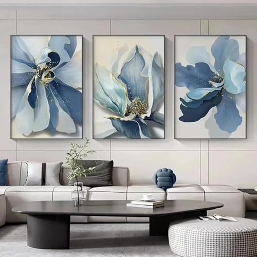 CHAOJIART Luxuriöses, modernes, abstraktes blaues Blumengemälde mit Goldfolienkunst auf Leinwand, nordisches Wohnzimmer-Wanddekor, Poster, 20 x 30 cm (8 x 12 Zoll), 3 x rahmenlos von CHAOJIART