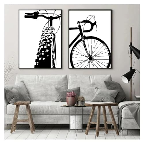 CHAOJIART Moderne schwarz-weiße Fahrradkunst, Radfahren, Leinwandgemälde, Wandkunst, Bilder, Fahrraddrucke, Poster, Kinderzimmer, Heimdekoration, 50 x 70 cm x 2, rahmenlos von CHAOJIART