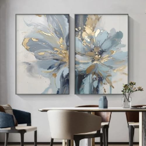 CHAOJIART Modernes luxuriöses hellblau-goldenes Blumendruck-Leinwandgemälde, abstraktes Blumenplakat, Wandkunst, für Wohnzimmer-Arbeitszimmer-Dekor, 20 x 30 cm (8 x 12 Zoll) x2, rahmenlos von CHAOJIART