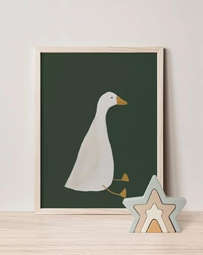 CHAOJIART Silly Goose Wandkunst, süßes Gans-Leinwandposter, dunkelgrünes Kinderzimmerdekor für Jungen, Bauernhoftierdrucke, Kinderzimmerillustration, 60 x 80 cm Innenrahmen von CHAOJIART