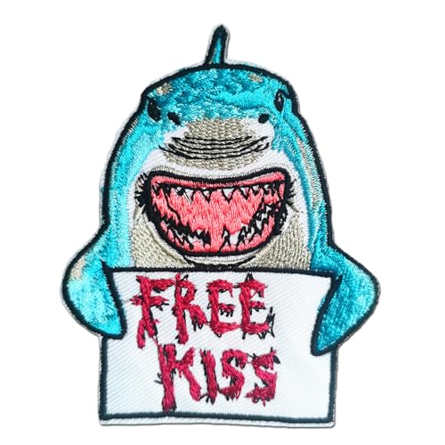 CHBROS Aufnäher zum Aufbügeln auf Kleidung, Jacken, T-Shirts, Rucksäcken, mit Haifisch-Motiv "Free Kiss", bestickt von CHBROS