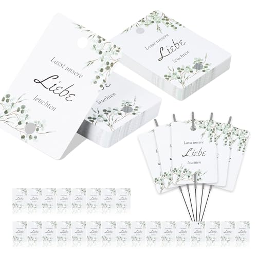 200 Stück Schilder Wunderkerzen Halter Hochzeit Etikett Wunderkerzen Anhänger Eukalyptus Lasst Unsere Liebe Leuchten Gastgeschenke Hochzeit für Wunderkerzen und Knicklichter von CHCAES