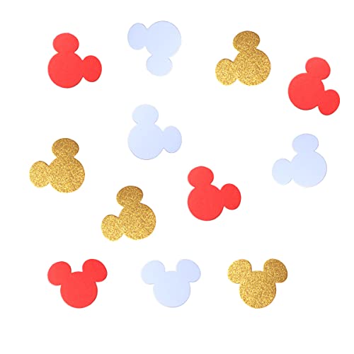 100 Stück 5,1 cm Minnie Mouse Kopf Konfetti Junge oder Mädchen Babyparty Micky Maus Konfetti Minnie Maus zum ersten Geburtstag Zubehör Dekorationen Tischdekoration (Rot Gold Weiß) von CHCN