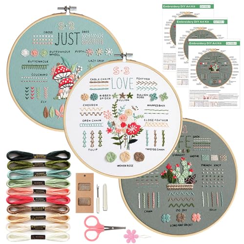 Anfänger Stickerei Set, 3 Stück Blumenmuster Pflanzen Stickset für Anfänger Embroidery Kit mit Bambus Stickrahmen, Anleitung und Werkzeuge, Sticken Set Erwachsene für DIY Kunst, Handwerk, Nähen von CHEERLINK