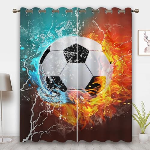 CHEFFS Fußball Gardinen Verdunklungsgardine Ösen Für Schlafzimmer, Fußball Vorhänge Blickdicht Verdunkelungsvorhang Fußball Für Kinderzimmer (2,280 x 245 cm(2X140X245cm)) von CHEFFS