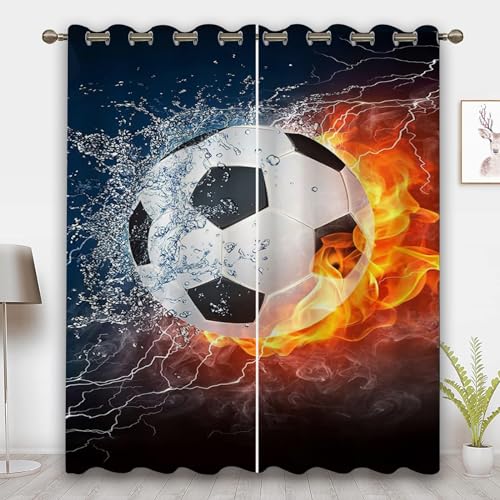 CHEFFS Fußball Gardinen Verdunklungsgardine Ösen Für Schlafzimmer, Fußball Vorhänge Blickdicht Verdunkelungsvorhang Fußball Für Kinderzimmer (3,100 x 140 cm(2X50X140cm)) von CHEFFS