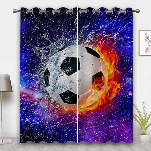 CHEFFS Fußball Gardinen Verdunklungsgardine Ösen Für Schlafzimmer, Fußball Vorhänge Blickdicht Verdunkelungsvorhang Fußball Für Kinderzimmer (5,150 x 166cm(2X75X166cm)) von CHEFFS