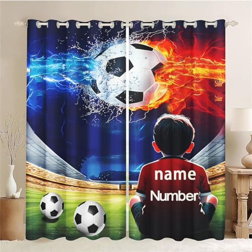 CHEFFS Fußball Vorhänge Blickdicht Verdunkelungsvorhänge Fußball Mit Ösen, Personalisierte Fußball Vorhang Gardinen Verdunklungsgardine 2er Set Für Jungen (1,140 x 175 cm(2X70X175cm)) von CHEFFS