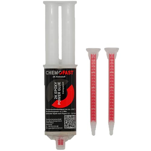 CHEMOFAST 2K Epoxy Power Glue, 2 Komponenten-Epoxidharz Kleber, Metall Stein Kunststoff, innen & außen, transparent, 25ml inkl. 2 Mischer von CHEMOFAST