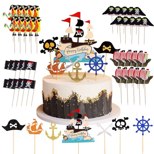 55 Stück Piraten Tortendeko für Piratenparty Piraten Kuchen Topper Cupcake Topper Pirate Tortenstecker Piratenschiff Kuchen Deko Pirate Cake Topper Kuchendeko Geburtstag Halloween Party Decoration von CHENGCKJ