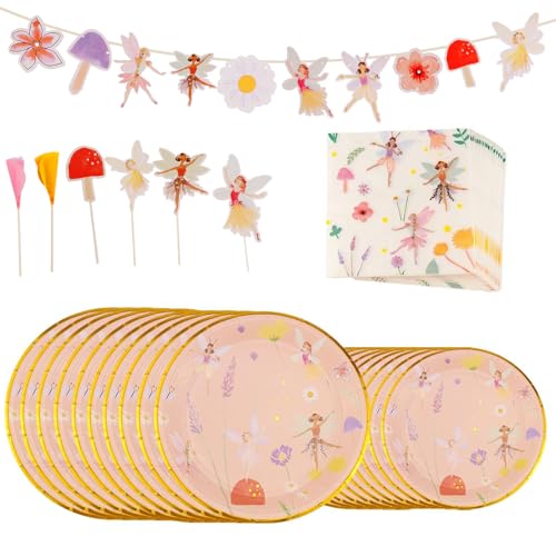 Partygeschirr Set Fee Partygeschirr Geburtstagsdeko Bunt Pappteller Geburtstagsteller Servietten für 10 Gäste Pappbecher Cupcake Toppers Geburtstag Party Kuchen Dekoration von CHENGCKJ