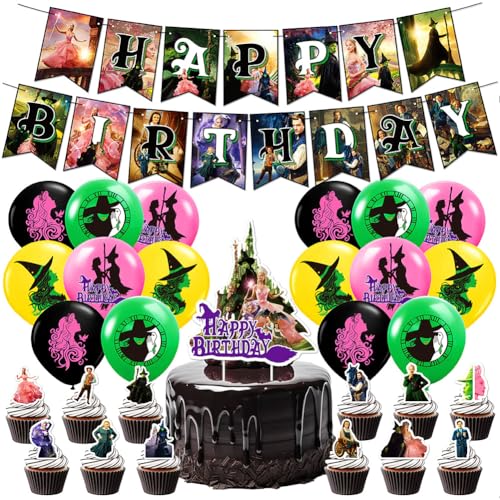 30PCS Magic Witch Geburtstag Party Magic Witch Dekorationsset Geburtstagsparty Dekorationen Magic Witch Happy Birthday Banner Torteneinlage Cupcake Topper Kinderthemenparty Luftballons von CHENGLI