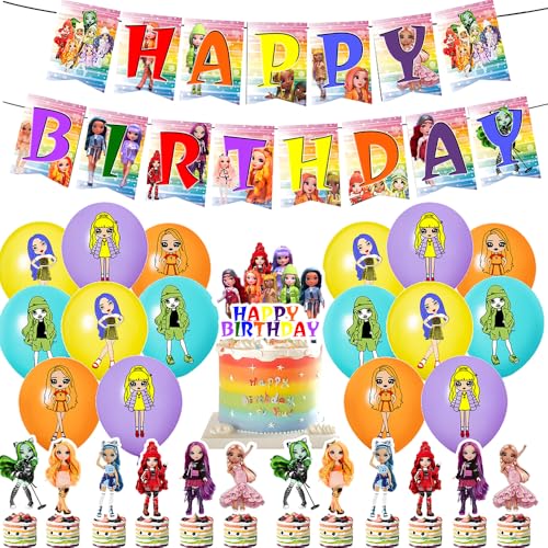 30PCS Rainbow Doll Geburtstag Party Rainbow Doll Dekorationsset Geburtstagsparty Dekorationen Rainbow Doll Happy Birthday Banner Torteneinlage Cupcake Topper Kinderthemenparty Luftballons von CHENGLI