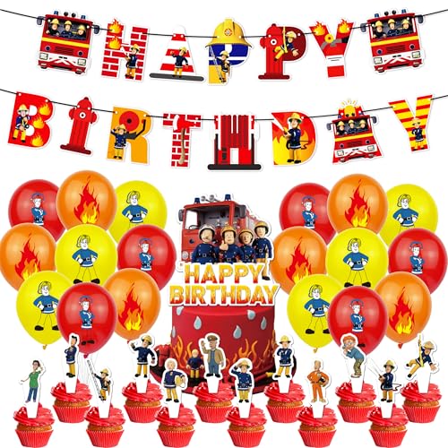 32 Stück Fireman Party Dekorationen,Fireman Themed Party Dekorationen Set,Happy Birthday Banner Kuchen-Toppers Latexballon Supplies für Geburtstag-Themenparty Birthday Deko von CHENGLI