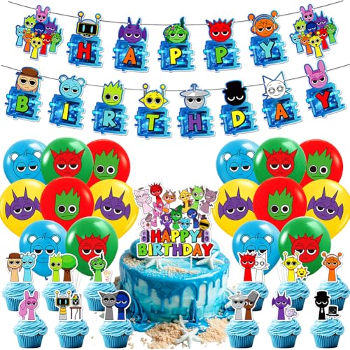 32PCS Sp-runki Geburtstag Party Sp-runki Dekorationsset Geburtstagsparty Dekorationen Sp-runki Happy Birthday Banner Torteneinlage Cupcake Topper Kinderthemenparty Luftballons von CHENGLI