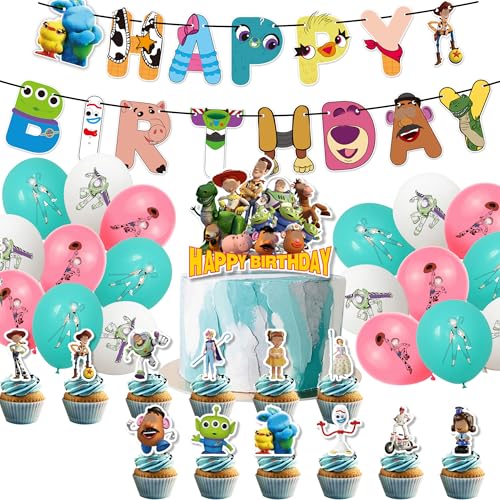 32PCS Story Geburtstag Party Toy Dekorationsset Geburtstagsparty Dekorationen Story Happy Birthday Banner Torteneinlage Cupcake Topper Kinderthemenparty Luftballons von CHENGLI