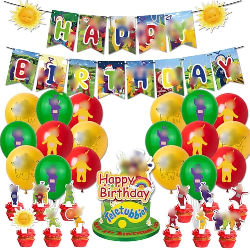 32PCS Teletu Baby Geburtstag Party Teletu Baby Dekorationsset Geburtstagsparty Dekorationen Teletu Baby Happy Birthday Banner Torteneinlage Cupcake Topper Kinderthemenparty Luftballons von CHENGLI