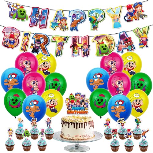 34PCS Stars Geburtstag Party Stars Dekorationsset Geburtstagsparty Dekorationen Stars Happy Birthday Banner Torteneinlage Cupcake Topper Kinderthemenparty Luftballons von CHENGLI