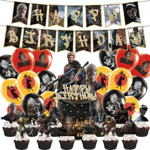 44PCS Black Myth Geburtstag Party Dekoration Black Myth Dekorationsset Geburtstagsparty Dekorationen Happy Birthday Banner Torteneinlage Kinderthemenparty Luftballons Black Myth Fans von CHENGLI