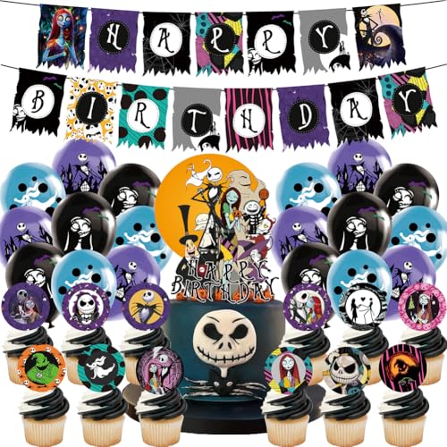 44PCS The Nightmare Geburtstag Party Before Christmas Dekorationsset Geburtstagsparty Dekorationen Nightmare Christmas Happy Birthday Banner Torteneinlage Cupcake Topper Kinderthemenparty Luftballons von CHENGLI