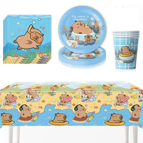 61PCS Capybara Geburtstag Party Set, Capybara Partygeschirr Set Kindergeburtstag Geschirr Set Geburtstag Party Supplies Set Teller, Becher, Servietten,Tischdecke Für Kinder Deko Partyzubehör(20 Gäste) von CHENGLI