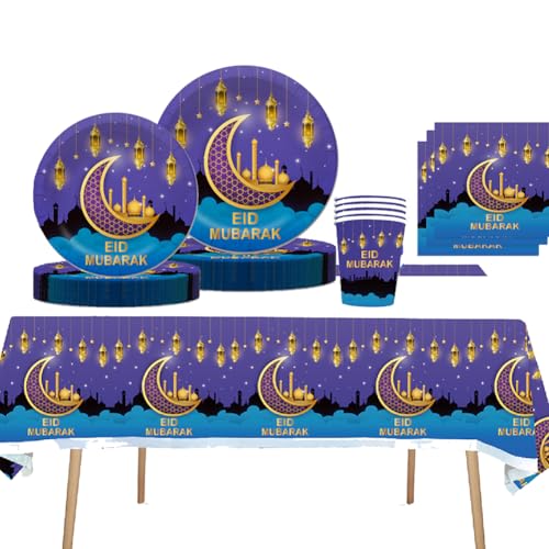 Eid Mubarak Party Tableware Set,51PCS Ramadan Mubarak Pattern Tableware Set for Islamic Ramazan Party Dekorationen Eid Stern Mond Girlande Für Muslim - 10 Gäste von CHENGLI