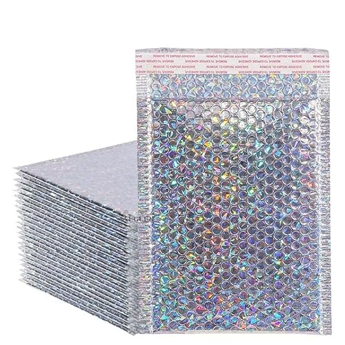 CHENJIAHAO Versandtaschen 50Pcs Holographische Mailer Silber Mailing Umschlag wasserdichte Kurier Tasche Gepolsterte Blase Umschläge Verpackung Tasche for Versand LuftpolsterumschläGe(18X23cm 50Pcs) von CHENJIAHAO