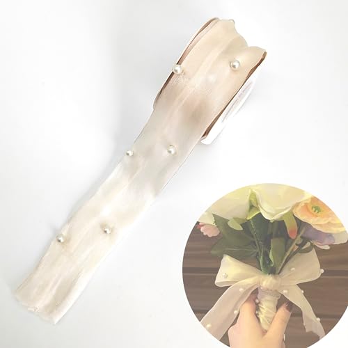 CHENNAN 4.5M Organza Perlenband Geschenkband mit Perlen Künstliche Perlenband Tüllband Schleifenband Dekoband 4CM Perlenband Organzaband für Hochzeitsblumen Geburtstagsgeschenk Verpackung (Beige) von CHENNAN