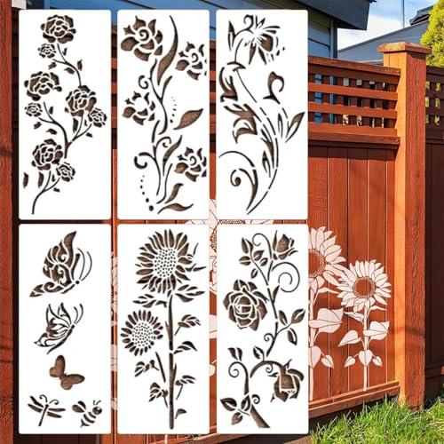 6 Stück DIY-Dekoration- Gartenzaun große Blumen-Zeichenschablonen, Schablonen zum Malen, Wiederverwendbar Blumen Schablonen, Wand Malen Schablonen, DIY Malschablonen für Holz, Wand Dekor (B) von CHENRI