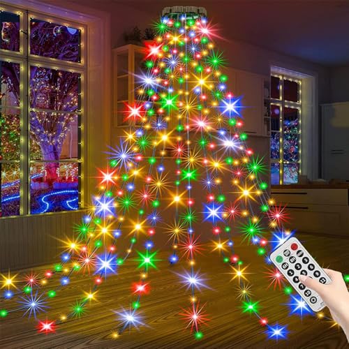 Cascading Twinkle Lights for Christmas Tree, Christbaumbeleuchtung mit Ring, 1.5M 200 LED Lichterkette Weihnachtsbaum, Weihnachtsbaumspitze Lichter mit 8 Modi und Fernbedienung für Baumschmuck (Bunte) von CHENRI