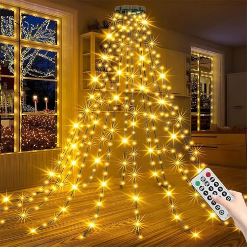 Cascading Twinkle Lights for Christmas Tree, Christbaumbeleuchtung mit Ring, 1.5M 200 LED Lichterkette Weihnachtsbaum, Weihnachtsbaumspitze Lichter mit 8 Modi und Fernbedienung für Baumschmuck (Warm) von CHENRI