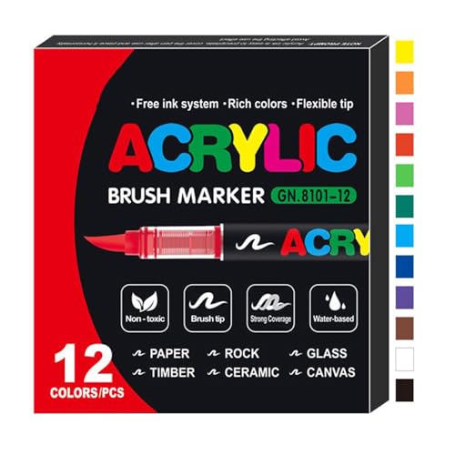 Straight Liquid Acrylic Marker, Acrylmarker mit Gerade Flüssigkeit, Acrylstifte für Steine wasserfest, Pinselspitze Acrylfarbe Stifte, Multimarker Glasmalstifte, Acrylfarben stifte für DIY (12 Farbe) von CHENRI