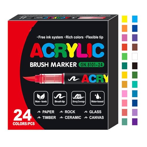 Straight Liquid Acrylic Marker, Acrylmarker mit Gerade Flüssigkeit, Acrylstifte für Steine wasserfest, Pinselspitze Acrylfarbe Stifte, Multimarker Glasmalstifte, Acrylfarben stifte für DIY (24 Farbe) von CHENRI