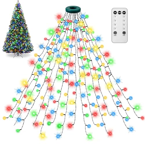 Weihnachtsbaum-Wasserfalllichter mit Ring, Lichterkette Weihnachtsbaum mit ring, 1.5M 200 LED Lichterkette außen, LED Weihnachtsbeleuchtung mit 8 Modi und Fernbedienung für Weihnachtsdeko (Bunt) von CHENRI