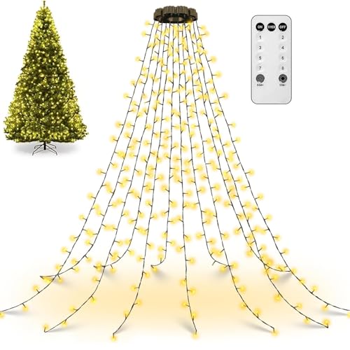 Weihnachtsbaum-Wasserfalllichter mit Ring, Lichterkette Weihnachtsbaum mit ring, 1.5M 200 LED Lichterkette außen, LED Weihnachtsbeleuchtung mit 8 Modi und Fernbedienung für Weihnachtsdeko (Warm) von CHENRI